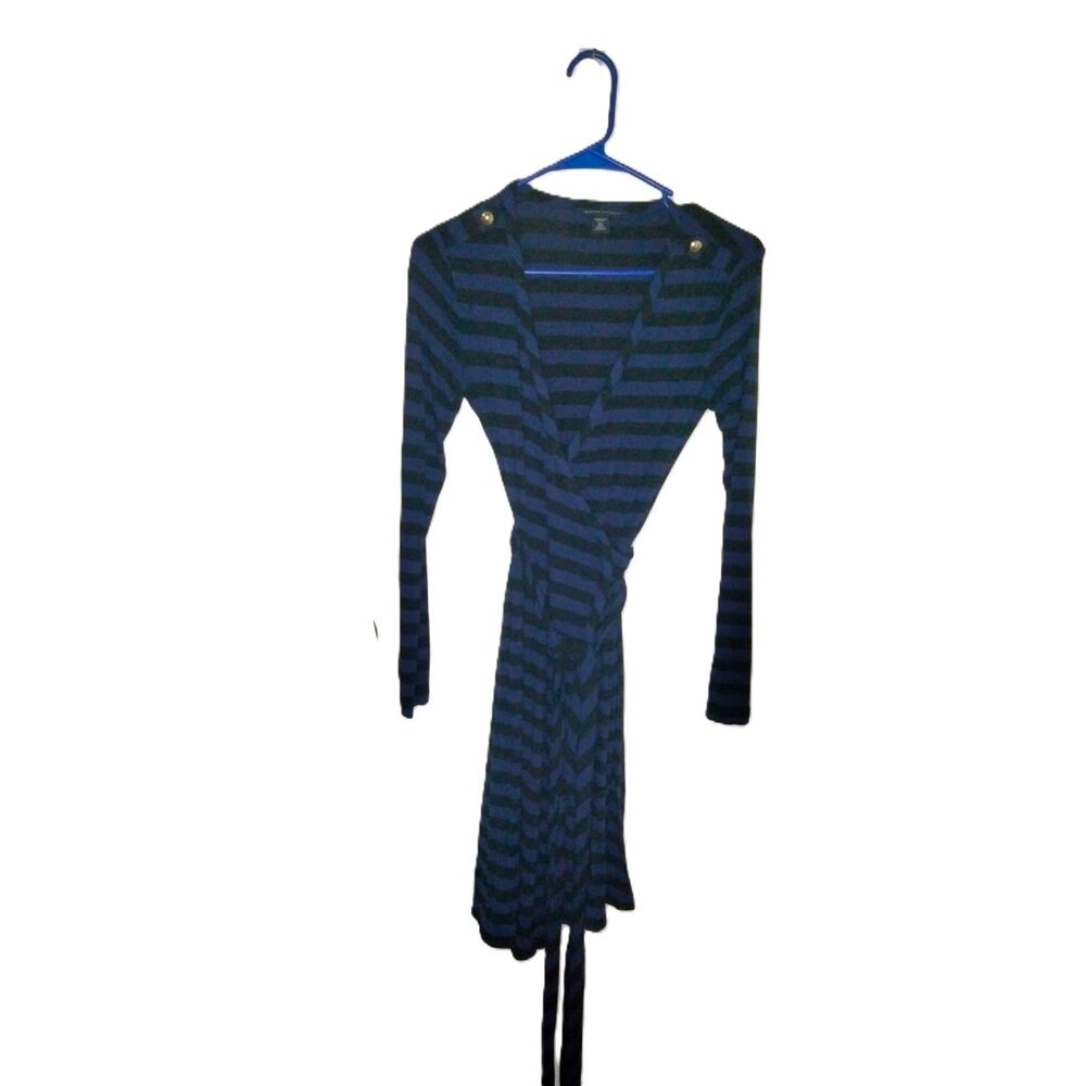 Banana Republic ~ Black & Navy Striped Stretch Wrap Mini Dress ~ XS Petite